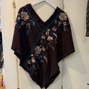 Johnny Was Dark Brown Wrap with Blue and Cream Embroidery